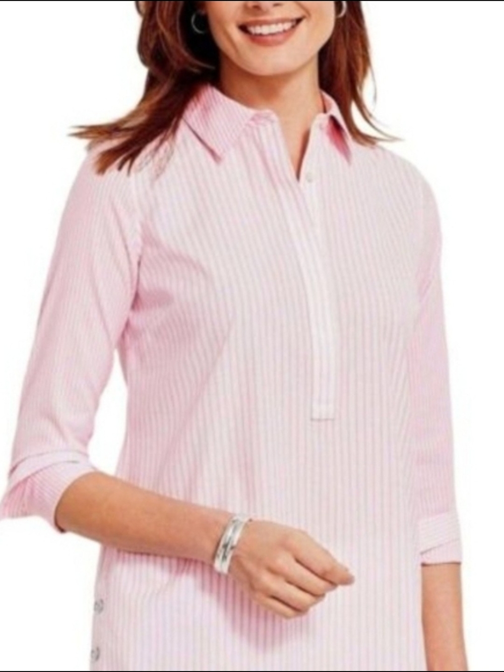Talbots Women Pink Stripe Button Down Shirt Size 10 Petites
